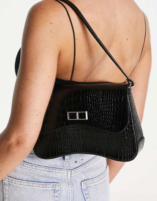 ASOS DESIGN curved shoulder bag in black croc with long strap