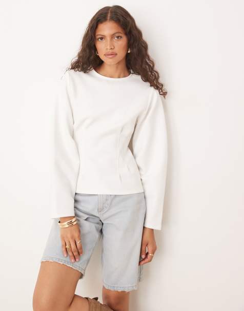 ASOS DESIGN curved cocoon sleeve interlock cinched detail top in ivory