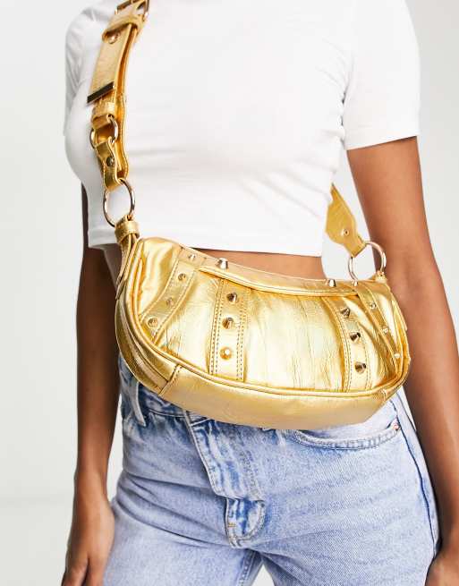 ASOS DESIGN curved crossbody bag with studding in gold | ASOS