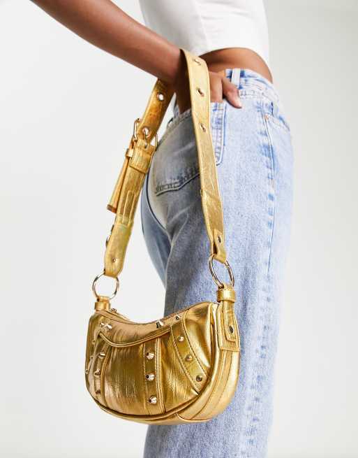 ASOS DESIGN curved crossbody bag with studding in gold | ASOS