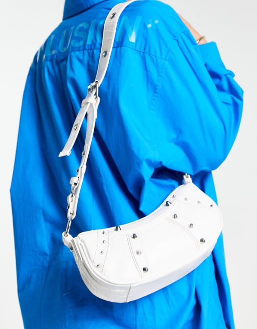 ASOS DESIGN curved crossbody bag with studding in white croc | ASOS