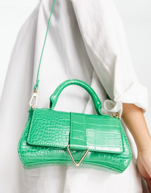 ASOS DESIGN curved shoulder bag in green croc with long strap