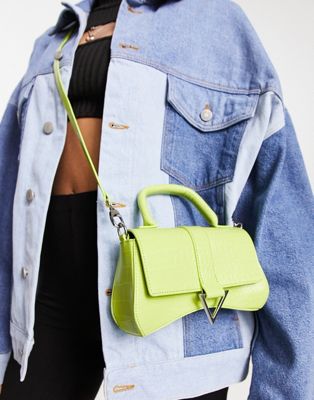 ASOS DESIGN curved crossbody bag with triangle hardware and detachable strap in lime croc