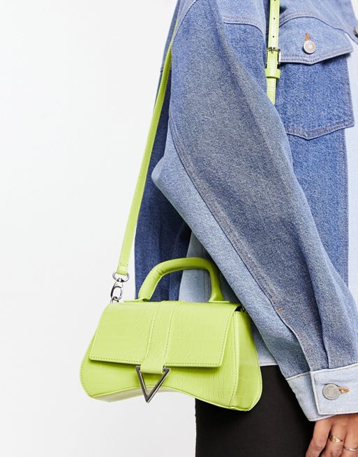 ASOS DESIGN curved shoulder bag in green croc with long strap