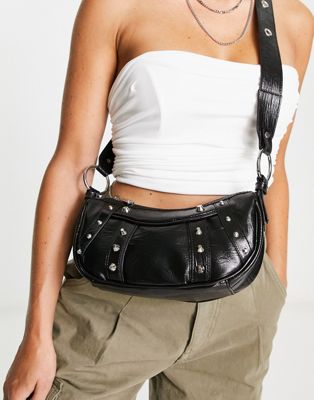 ASOS DESIGN curved crossbody with studding in black