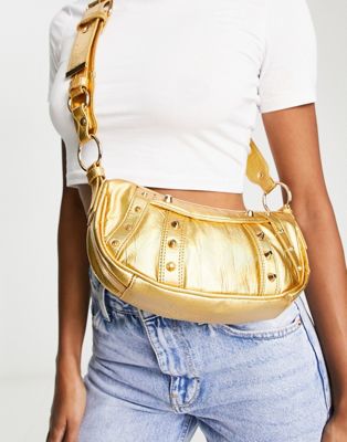 ASOS DESIGN curved crossbody with studding in gold