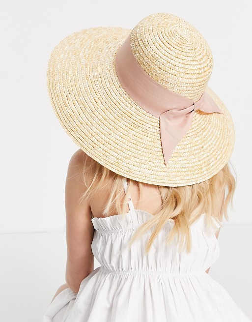 ASOS DESIGN curved crown flat brim natural straw hat with bow and size adjuster in neutral