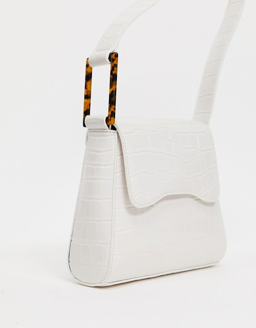 ASOS DESIGN curved flap shoulder bag with resin in link in white oversized croc
