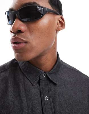 Asos Design Curved Frame Sunglasses With Smoke Lens In Matte Black