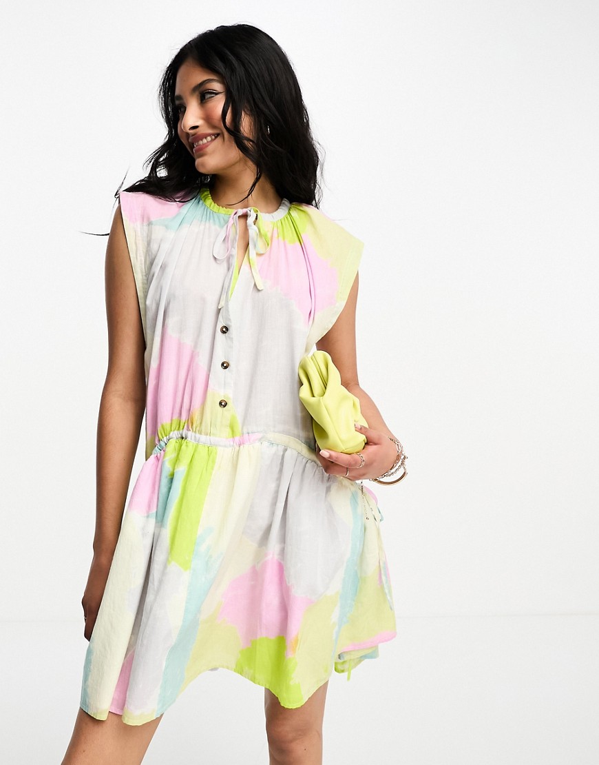 ASOS DESIGN curved hem mini smock dress with drawstring detail in bright abstract-Multi