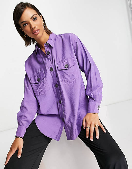 ASOS DESIGN viscose curved hem shirt with pockets and horn buttons in purple
