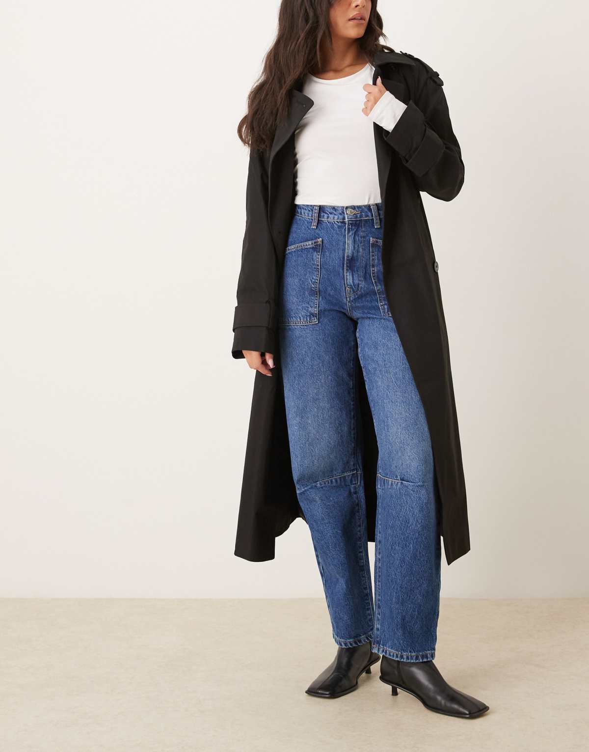 ASOS DESIGN curved leg jean in dark mid blue