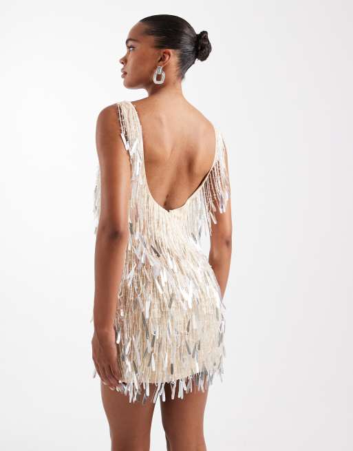 ASOS DESIGN curved neck all-over embellished mini dress in ivory