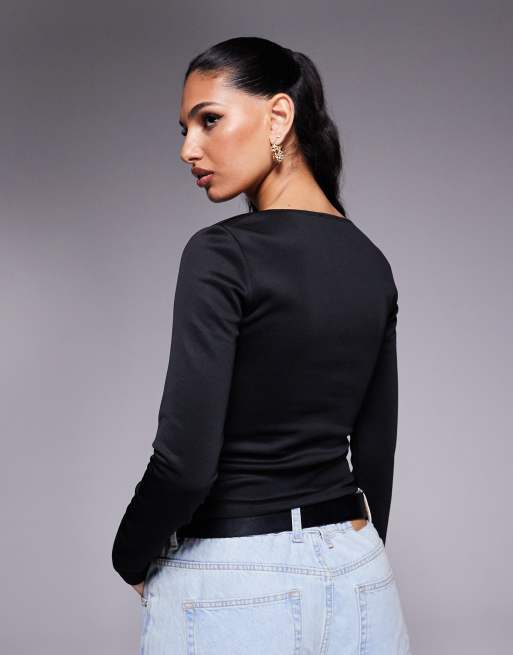 ASOS DESIGN curved neckline long sleeve top in black, 4 of 4