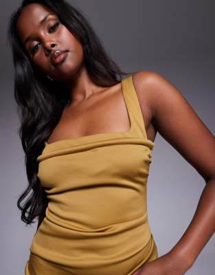 Asos Design Curved Neckline Midi Dress With Split In Brown