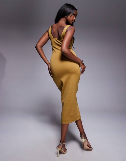 ASOS DESIGN curved neckline midi dress with split in bronze in scuba-style fabric, 3 of 4