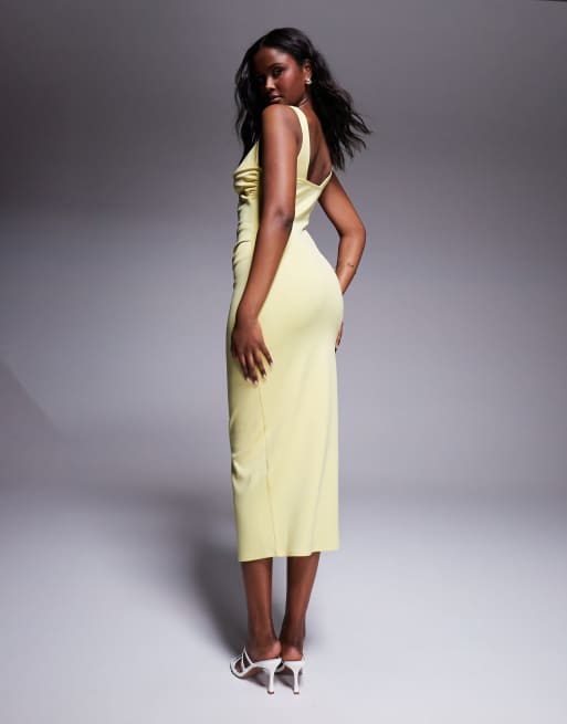 ASOS DESIGN curved neckline midi dress with split in lemon in scuba-style fabric, 2 of 4