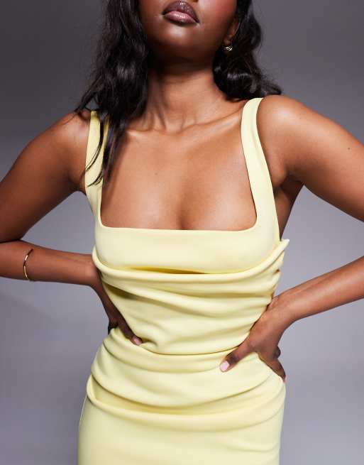 ASOS DESIGN curved neckline midi dress with split in lemon in scuba-style fabric, 3 of 4