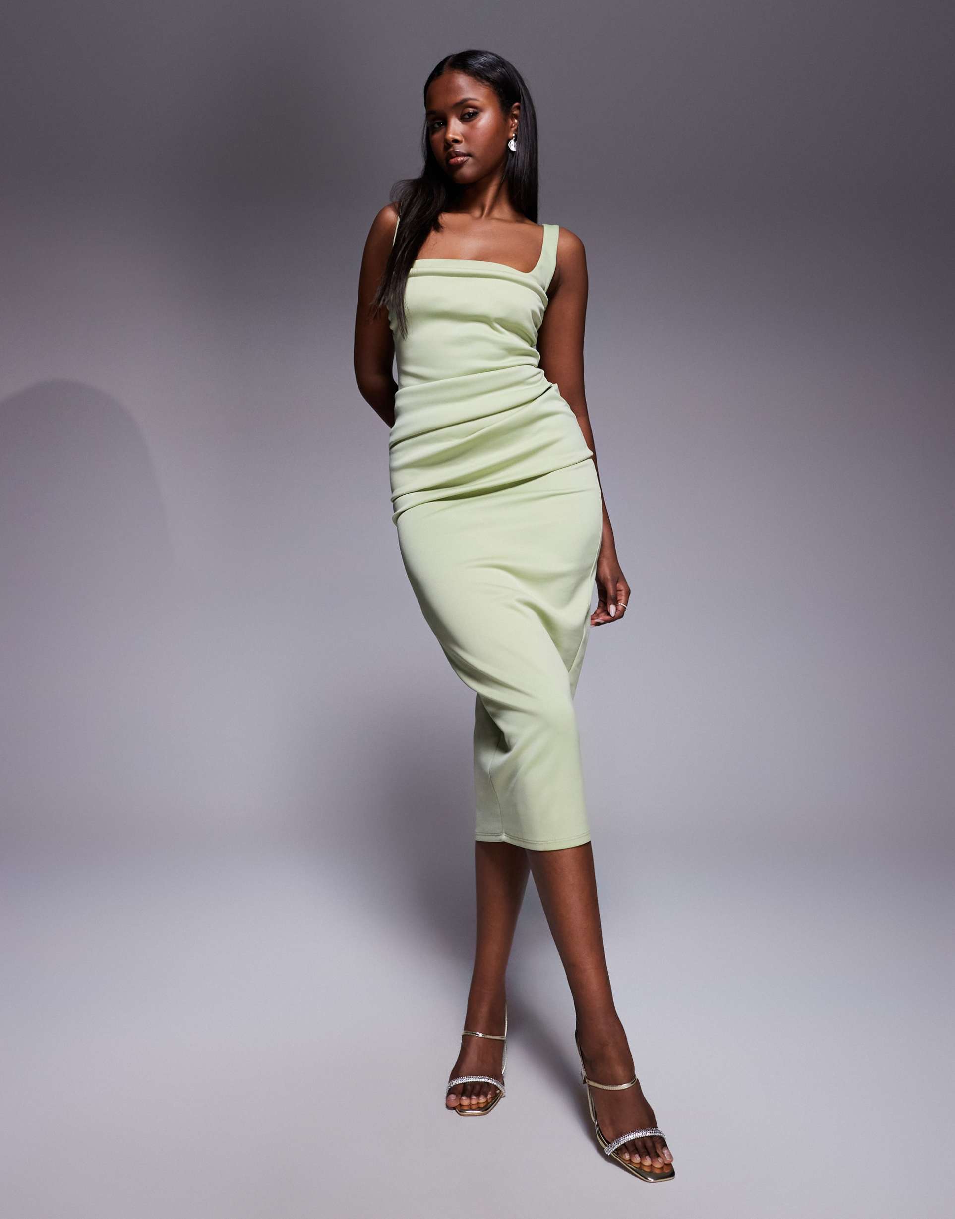asos design curved neckline midi dress with split in sage green in scuba-style fabric