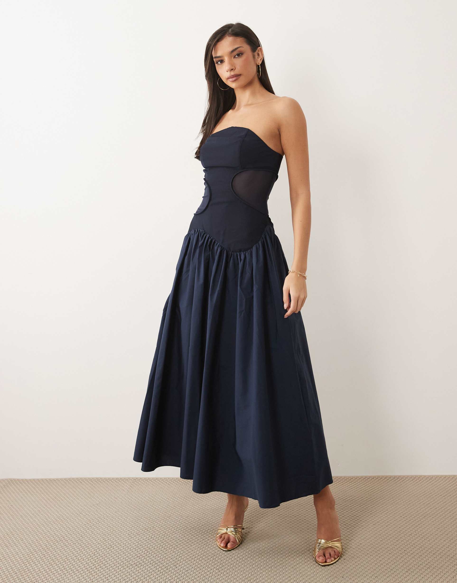 asos design curved neckline sheer paneled midaxi dress with volume structured skirt in navy