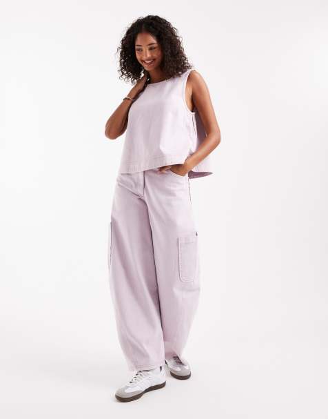 ASOS DESIGN curved seam utility barrel leg trousers and shell top co-ord in washed mauve - LPINK - view 1