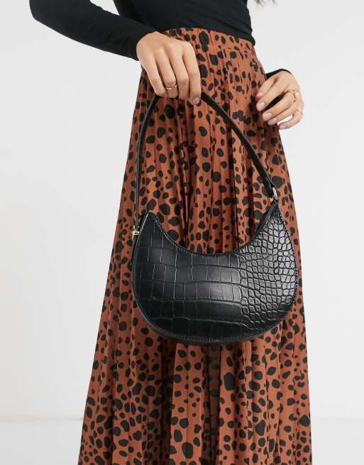 ASOS DESIGN curved shoulder bag in green croc with long strap