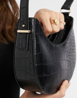 ASOS DESIGN curved shoulder bag in black croc with long strap