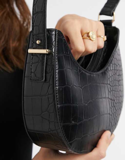 ASOS DESIGN black croc effect shoulder bag with chunky chain