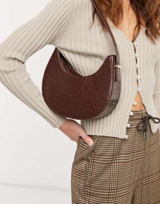 ASOS DESIGN curved shoulder bag in brown croc with long strap