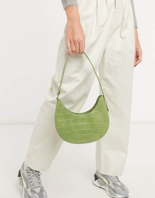 ASOS DESIGN curved shoulder bag in green croc with long strap