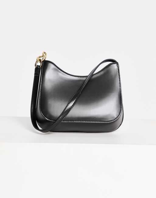 ASOS DESIGN ruched shoulder bag in black with chunky gold chain