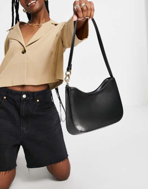 ASOS DESIGN ruched shoulder bag in black with chunky gold chain