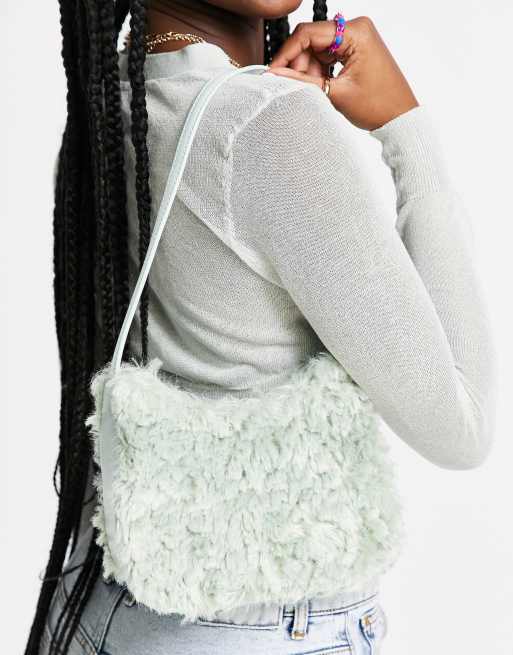 ASOS DESIGN curved shoulder bag with chain link strap in green faux fur