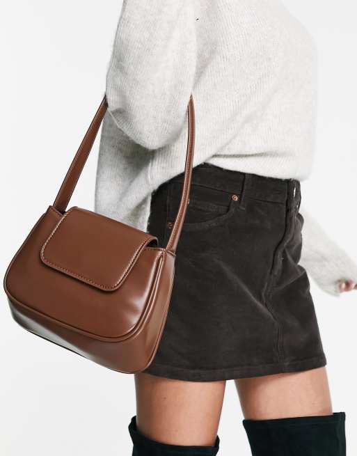 ASOS DESIGN curved shoulder bag with flap in chocolate