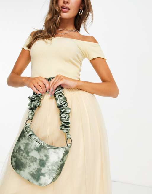ASOS DESIGN curved shoulder bag with super ruched strap in green tie
