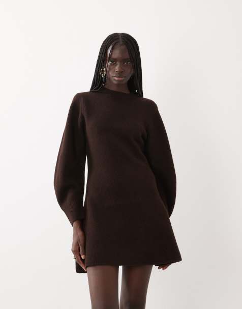 ASOS DESIGN curved sleeve mini dress in chocolate - view 1