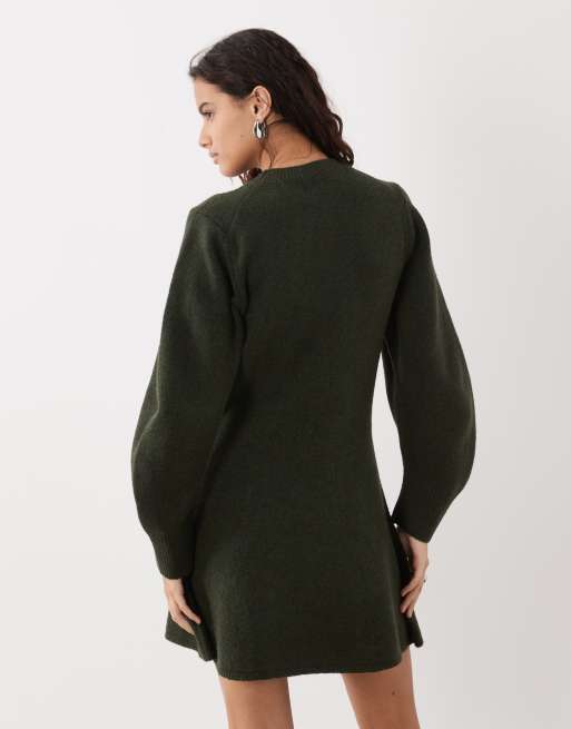 ASOS DESIGN curved sleeve mini dress in khaki, 3 of 4