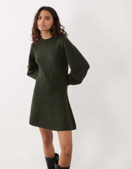 ASOS DESIGN curved sleeve mini dress in khaki, 4 of 4