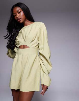 ASOS DESIGN curved sleeve playsuit with pleating detail in soft green
