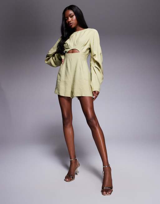 ASOS DESIGN curved sleeve romper with pleating detail in soft green, 2 of 4