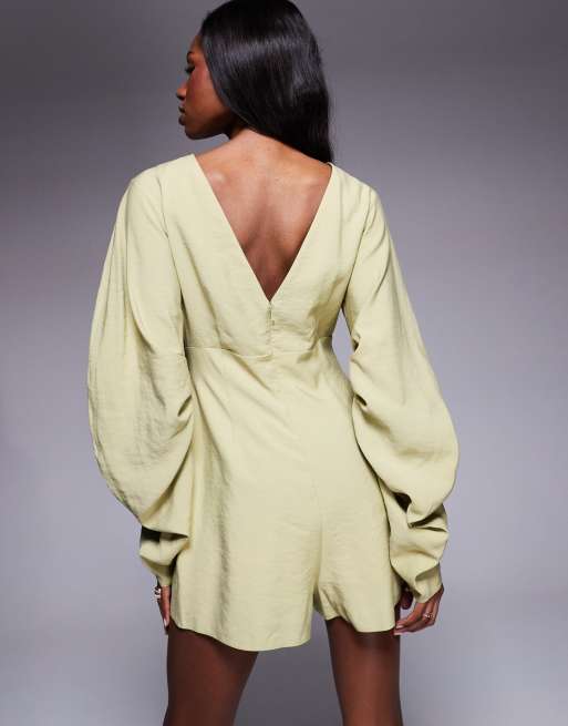 ASOS DESIGN curved sleeve romper with pleating detail in soft green, 3 of 4