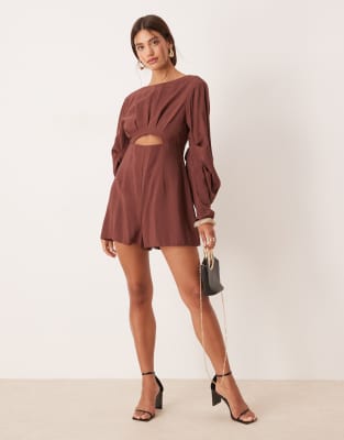 Asos Design Curved Sleeves Romper With Pleating Detail In Pink