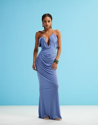Asos Design Curved Wire Trim Asymmetric Neck Maxi Dress In Blue