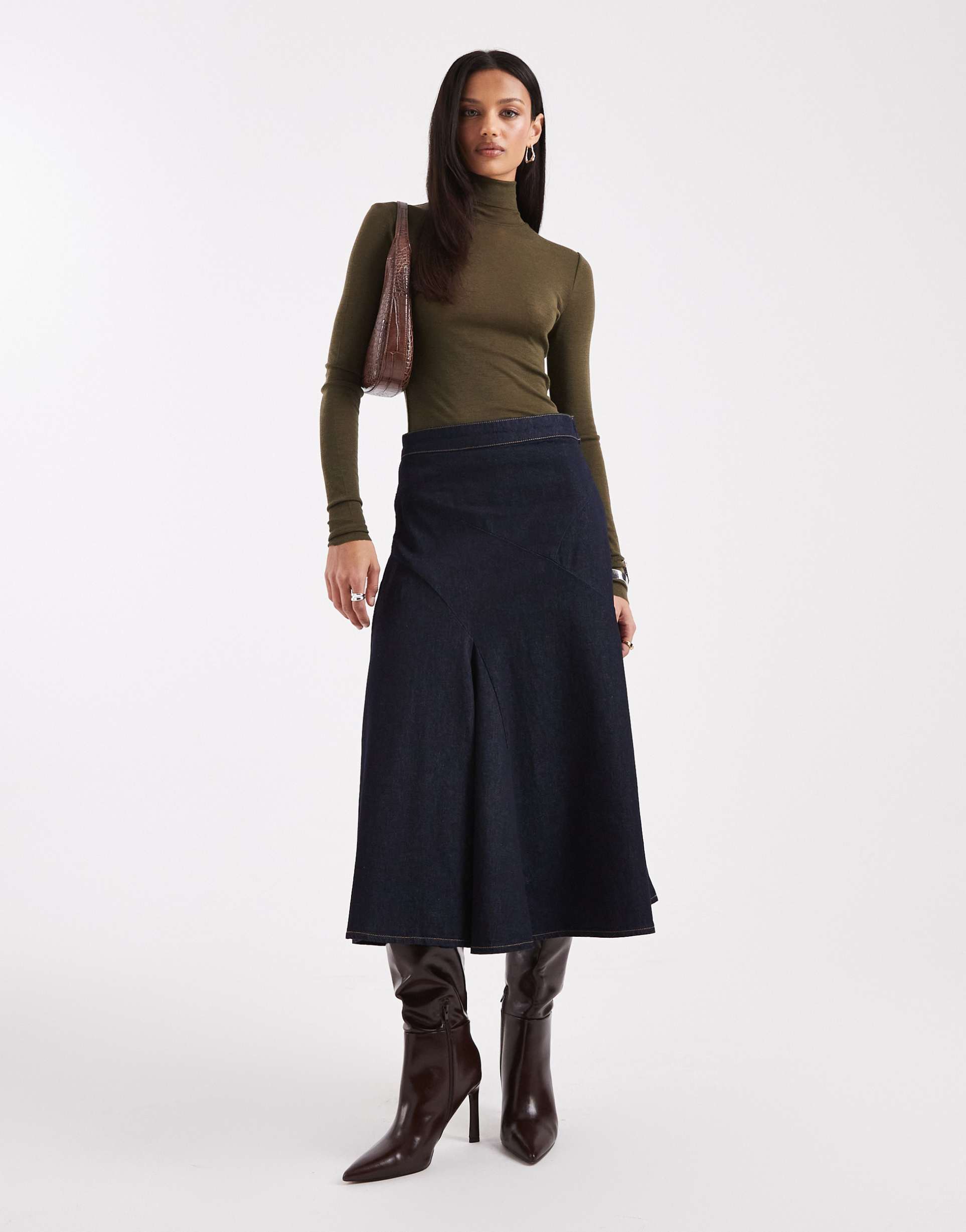asos design cut about godet midi skirt in indigo