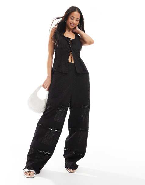 ASOS DESIGN cut and sew broderie top & pants set in black - view 1