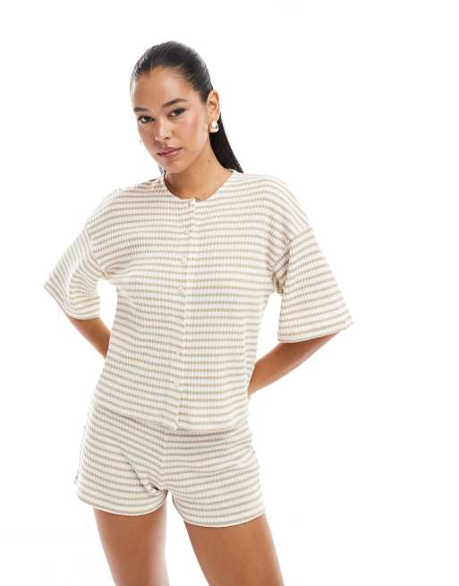 ASOS DESIGN cut and sew button through oversized co ord top in beige, 2 of 4
