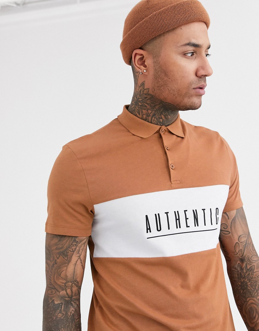 ASOS DESIGN cut and sew polo with authentic print-Brown