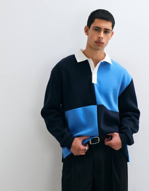 ASOS DESIGN cut and sew rugby polo with back print in blue, 2 of 5