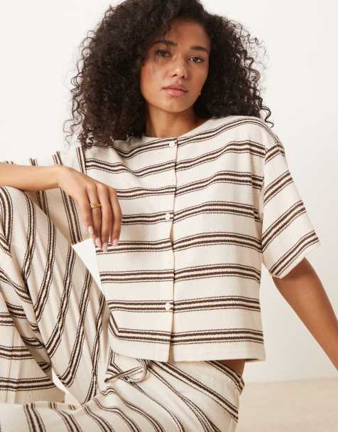 ASOS DESIGN cut and sew stripe button through top in ivory - view 1