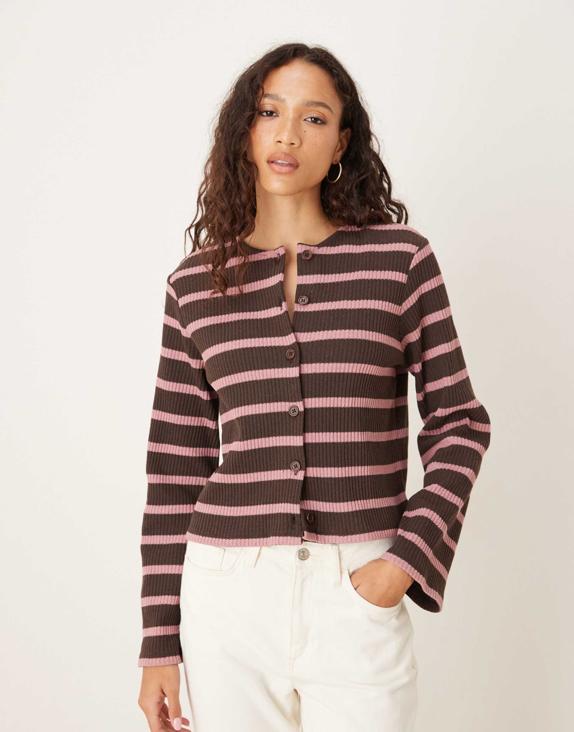 asos design cut and sew stripe button up long sleeve top in brown